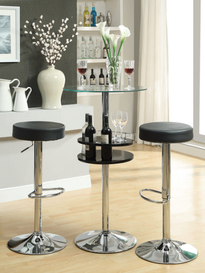 Set Glass Top Bar Table With Wine Storage Black And Chrome 3 PC SET