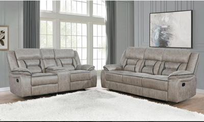 Motion Sofa Upholstered in Taupe Performance - Grade Leathered