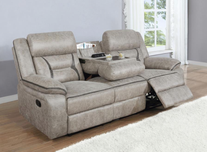 Motion Sofa Upholstered in Taupe Performance - Grade Leathered