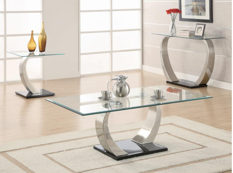 Willemse Glass Top Coffee Table Clear And Satin With 2 End Table. 3 PC SET