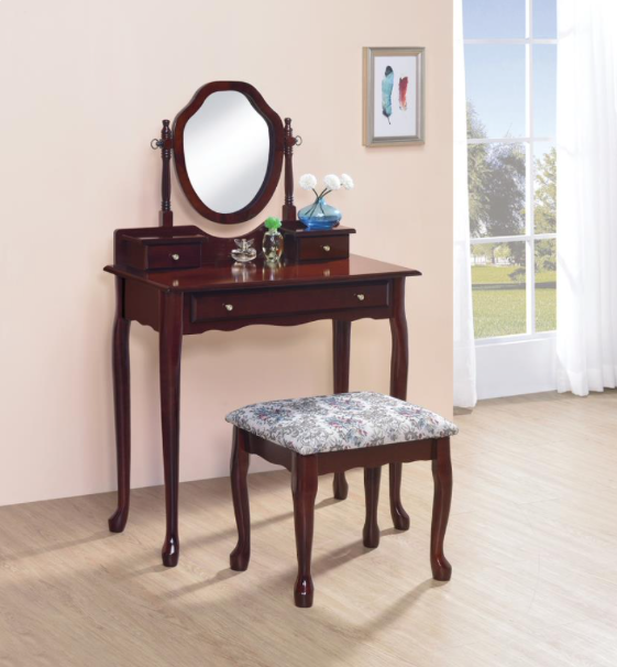Vanity Set With Upholstered Stool Brown Red 2-Piece