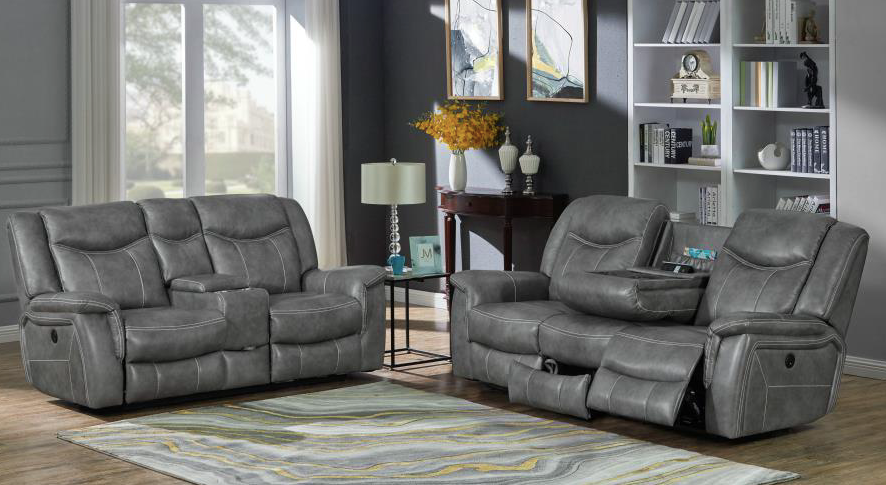 Conrad Upholstered Power Sofa With Drop-Down Table Grey