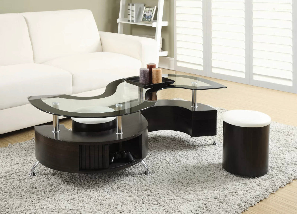 Contemporary Delange Coffee Table And Stools Set Cappuccino. 3-Piece